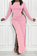 Pink Women's Milk Fiber Long Sleeve Round Neck Slim Fitting High Slit Dress DR88129-4