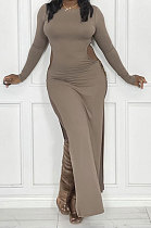 Dark Apricot Women's Milk Fiber Long Sleeve Round Neck Slim Fitting High Slit Dress DR88129-5