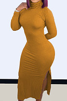 Orange Modest New Ribber Long Sleeve High Neck Slim Fitting Slit Dress TC096-5