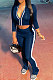 Navy Blue Women's Long Sleeve Stand Neck Tops Zipper Slit Trousers Matching Color Suit MN8387-4