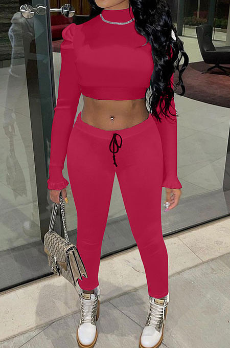 Rose Red Wholesale Women's Horn Sleeve O Neck Ruffle Hollow Out Crop Tops Skinny Pants Plain Color Suit PQ8065-2