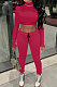 Rose Red Wholesale Women's Horn Sleeve O Neck Ruffle Hollow Out Crop Tops Skinny Pants Plain Color Suit PQ8065-2