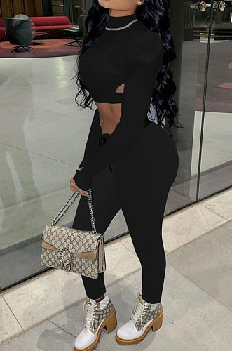 Black Wholesale Women's Horn Sleeve O Neck Ruffle Hollow Out Crop Tops Skinny Pants Plain Color Suit PQ8065-1