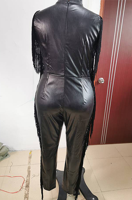 Pu Material Size Tasselled Bodycon Jumpsuit
