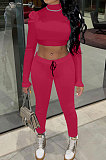 Black Wholesale Women's Horn Sleeve O Neck Ruffle Hollow Out Crop Tops Skinny Pants Plain Color Suit PQ8065-1