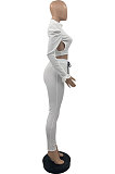 Black Wholesale Women's Horn Sleeve O Neck Ruffle Hollow Out Crop Tops Skinny Pants Plain Color Suit PQ8065-1