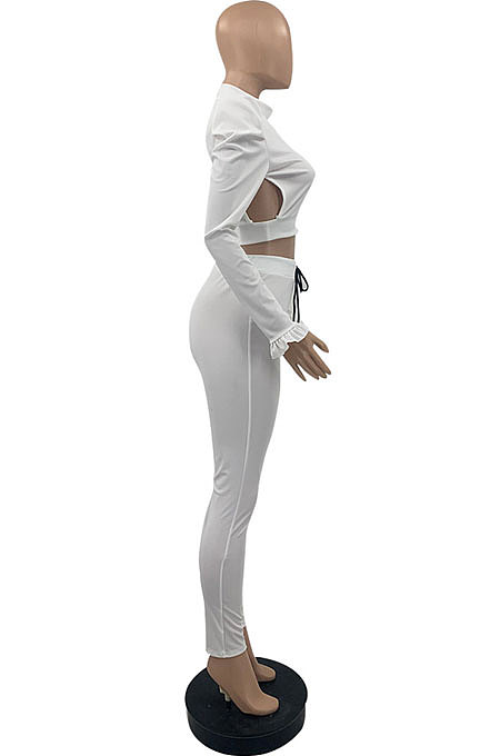 Black Wholesale Women's Horn Sleeve O Neck Ruffle Hollow Out Crop Tops Skinny Pants Plain Color Suit PQ8065-1