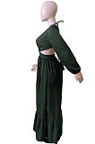 Army Green Sexy Luxe Pure Color Long Sleeve Low-Cut Hollow Out For Party Maix Dress QY5089-2