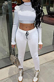 Black Wholesale Women's Horn Sleeve O Neck Ruffle Hollow Out Crop Tops Skinny Pants Plain Color Suit PQ8065-1