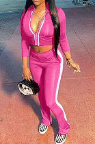 Rose Red Women's Long Sleeve Stand Neck Tops Zipper Slit Trousers Matching Color Suit MN8387-1