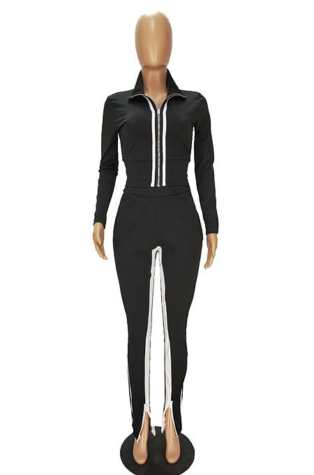 Royal Blue Women's Long Sleeve Stand Neck Tops Zipper Slit Trousers Matching Color Suit MN8387-2