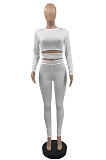 White Cotton Blend Long Sleeve Round Neck Tops Pencil Pants Slim Fitting Suit PQ8064-1