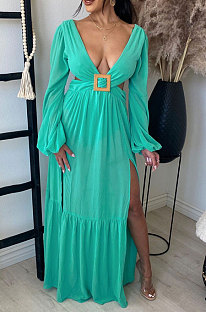 Lake Blue Sexy Luxe Pure Color Long Sleeve Low-Cut Hollow Out For Party Maix Dress QY5089-1