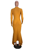 Green Ribber Pure Color Long Sleeve Collect Waist Hem Irrugelar Dress SYY8070-1