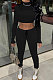 Black Wholesale Women's Horn Sleeve O Neck Ruffle Hollow Out Crop Tops Skinny Pants Plain Color Suit PQ8065-1