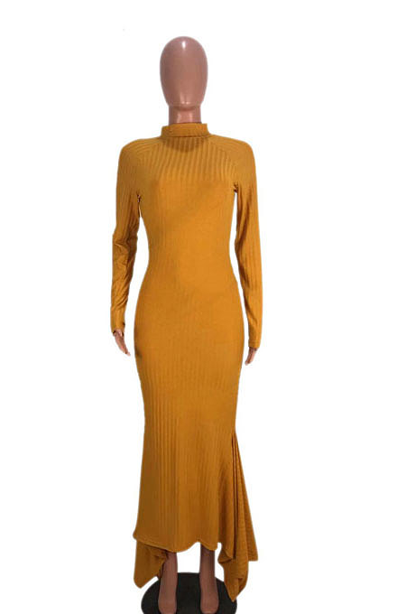 Black Ribber Pure Color Long Sleeve Collect Waist Hem Irrugelar Dress SYY8070-3