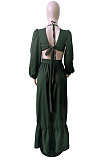Army Green Sexy Luxe Pure Color Long Sleeve Low-Cut Hollow Out For Party Maix Dress QY5089-2