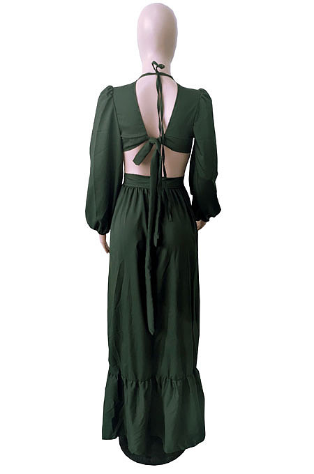 Army Green Sexy Luxe Pure Color Long Sleeve Low-Cut Hollow Out For Party Maix Dress QY5089-2