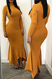 Green Ribber Pure Color Long Sleeve Collect Waist Hem Irrugelar Dress SYY8070-1