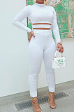 White Cotton Blend Long Sleeve Round Neck Tops Pencil Pants Slim Fitting Suit PQ8064-1