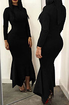Black Ribber Pure Color Long Sleeve Collect Waist Hem Irrugelar Dress SYY8070-3