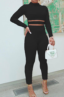 Black Cotton Blend Long Sleeve Round Neck Tops Pencil Pants Slim Fitting Suit PQ8064-2