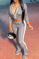 Grey Women's Long Sleeve Stand Neck Tops Zipper Slit Trousers Matching Color Suit MN8387-5