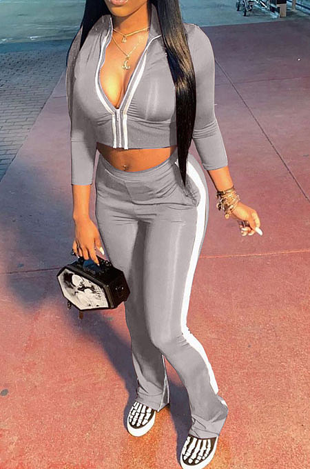 Grey Women's Long Sleeve Stand Neck Tops Zipper Slit Trousers Matching Color Suit MN8387-5