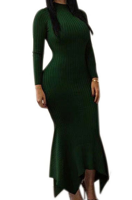 Black Ribber Pure Color Long Sleeve Collect Waist Hem Irrugelar Dress SYY8070-3