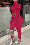 Rose Red Wholesale Women's Horn Sleeve O Neck Ruffle Hollow Out Crop Tops Skinny Pants Plain Color Suit PQ8065-2