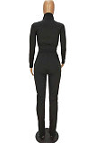 Bright Red Women's Long Sleeve Stand Neck Tops Zipper Slit Trousers Matching Color Suit MN8387-6