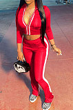 Rose Red Women's Long Sleeve Stand Neck Tops Zipper Slit Trousers Matching Color Suit MN8387-1