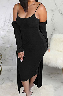 Black Autumn Winter Velvet Sexy Condole Belt Skirts Sets BLE2521-3
