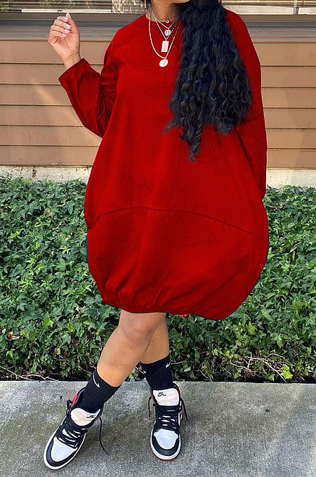 Black Women Long Sleeve Loose Solid Color Simplee Mini Dress LW88106-1