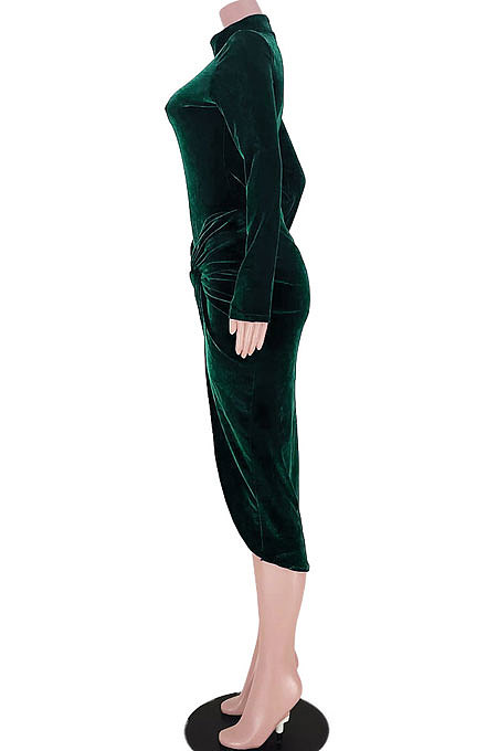 Black Women Velvet High Collar Knotted Split Skirts Sets GL6526-2
