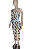 Yellow Blue Women Printing Milk Silk Single Sleeve Strapless Tank Skirts Sets LW88107-1