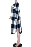 Khaki Women Casual Plaid Long Sleeve Cardigan Single-Breasted Long Shirts Coat GL6525-2