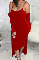 Red Autumn Winter Velvet Sexy Condole Belt Skirts Sets BLE2521-2