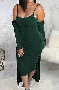 Army Green Autumn Winter Velvet Sexy Condole Belt Skirts Sets BLE2521-1