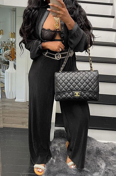 Black Euramerican Women Casual Fashion Pleated Solid Color Pants Sets BE8053-3