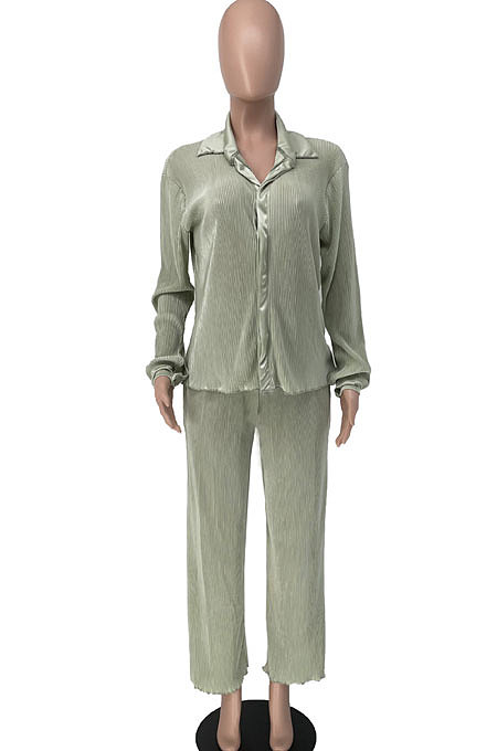 Apple Green Euramerican Women Casual Fashion Pleated Solid Color Pants Sets BE8053-1