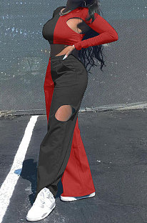 Red Women Sexy Fashion Casual Spliced Hollow Out Pants Sets AYQ88015-3