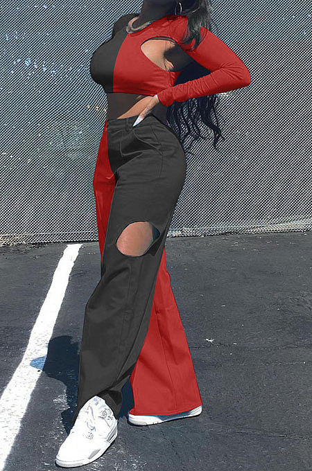 Red Women Sexy Fashion Casual Spliced Hollow Out Pants Sets AYQ88015-3