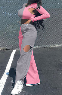 Pink Women Sexy Fashion Casual Spliced Hollow Out Pants Sets AYQ88015-1