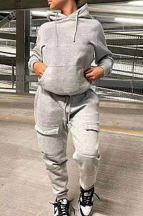 Gray Trendy Loose Hoodie Long Sleeve Pure Color Sport Pants Sets BE8055-3