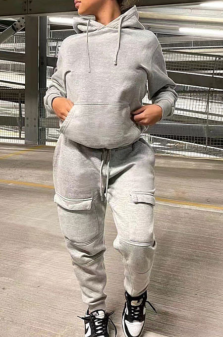 Gray Trendy Loose Hoodie Long Sleeve Pure Color Sport Pants Sets BE8055-3