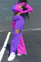 Purple Women Sexy Fashion Casual Spliced Hollow Out Pants Sets AYQ88015-4