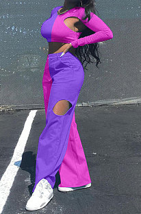 Purple Women Sexy Fashion Casual Spliced Hollow Out Pants Sets AYQ88015-4