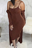 Red Autumn Winter Velvet Sexy Condole Belt Skirts Sets BLE2521-2