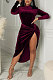 Wine Red Women Velvet High Collar Knotted Split Skirts Sets GL6526-4